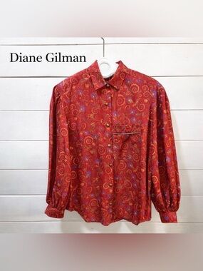 DIANE GILMAN Red Floral Silk Blouse – Size 8